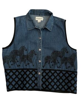 Dress Barn Blue Denim Zebra Embroidered Button-Up Vest Sleeveless Top